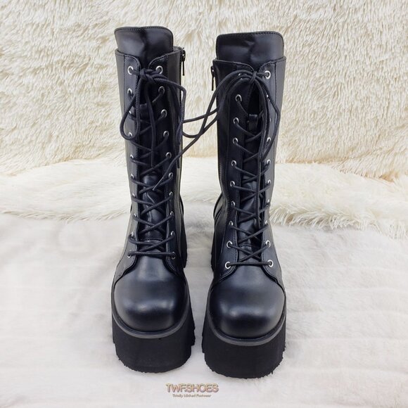 Ashes Black Matte Platform Goth Punk Mid Calf Combat Boots - Picture 11 of 14